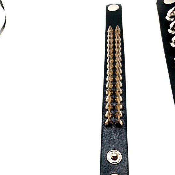 Triple Row + Double Row Black Spiked Vegan Leather Bracelets Set of 2 -New - Picture 2 of 12